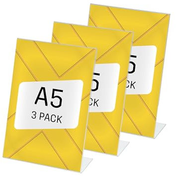 SY112 Espositore da tavolo inclinato, 14,8x21x6,3 cm, per A5 verticale,, per bancone, ristorazione, ufficio, matrimonio, etc, acrilico, trasparente, 3 pezzi