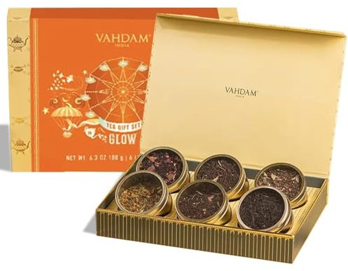 VAHDAM Coffret Assortiment De Thés - Glow, 6 Thés En Vrac | Cadeau De Thé Élégant Pour Femmes | Cadeaux De Pour Elle | Noir, Tisane, Chai Thé | Assortiment Coffret Femme