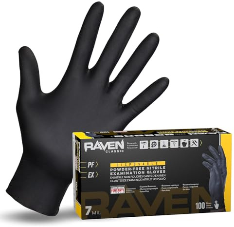 Raven Powder Free Nitrile Disposable Gloves 7 Mil - XL Latex Free, Chemical + Puncture Resistant, Textured Grip, Single Use for Automotive, Industrial, Janitorial, MRO, Food Service 66519