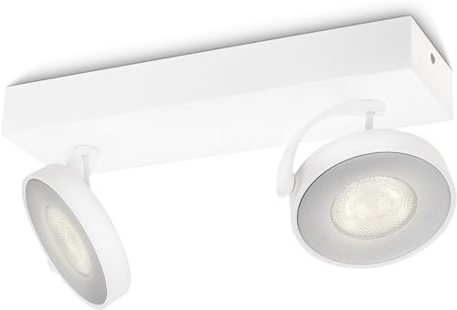 Philips Clockwork Decken-/Wandleuchte mit 2 Spots, dimmbar WarmGlow, 11,5 W, 2700 K, warmweißes Licht, weiß, IP20, flimmerfrei