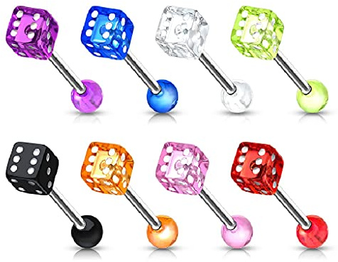 Lot 8 Piercings Langue DINA Dé Poker Casino Acier Chirurgical Inoxydable Anti Allergique Barbell LOVEPIERCING