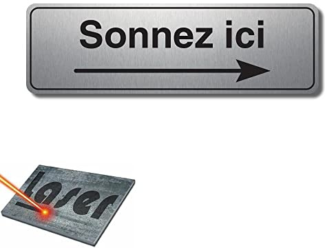 Plaque gravée autocollante 13x4cm Sonnez ici droite fond Alu brossé