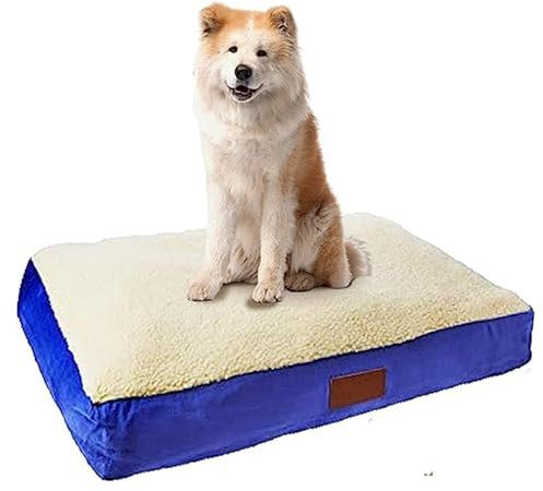 Ellie-Bo Orthopädisches Hundebett mit Memory-Schaum, mit Schutzbezug aus Kunst-Wildleder und Schaffell in Blau und Weiß, Größe M, 71 x 48 x 6 cm, für den 76-cm-Hundekäfig