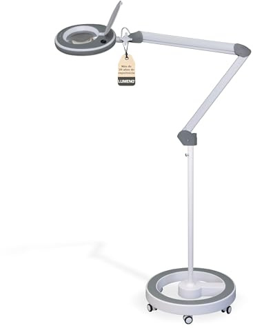 Lumeno 8213GR Lupa LED Lámpara de trabajo Lámpara cosmética, luminosidad regulable, lente de cristal de 127 mm, lupa de lectura, 3 dioptrías con trípode rodante