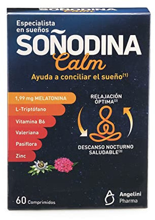 Soñodina Calm 60 Comprimidos - Complemento alimenticio con melatonina, L-triptófano, vitamina B6, extractos de valeriana y pasiflora y zinc - Especialmente formulado para ayudar a conciliar el sueño