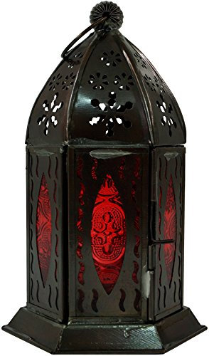 GURU SHOP Orientalische Metall/Glas Laterne in Marrokanischem Design, Windlicht ., Rot, Farbe: Rot, 18x10x10 cm, Orientalische Laternen