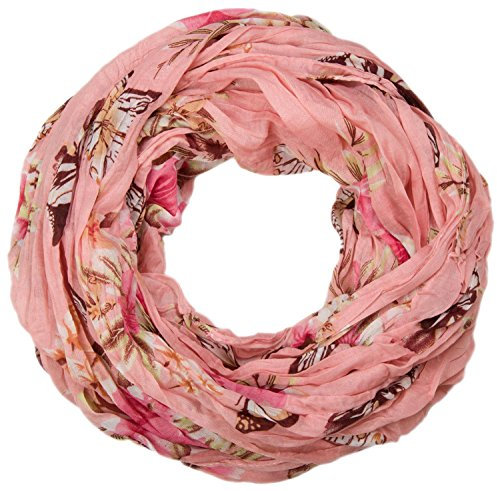 styleBREAKER Damen Loop Schlauchschal mit buntem Schmetterling und Blumen Print, Crash and Crinkle Schal, Tuch 01016013, Farbe:Rosa