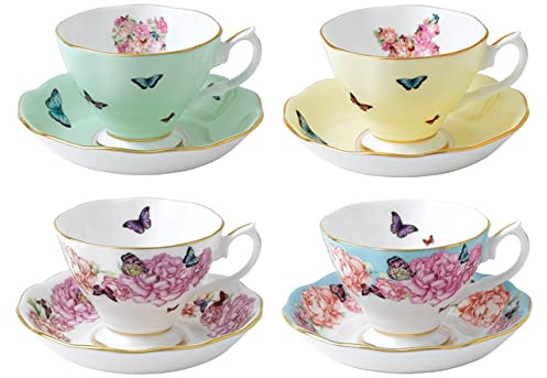 Royal Albert - Miranda Kerr 8 Piece Teacup and Saucer Gift Set - Vintage Serving Set for 4, with Bone China Tea Cup and Saucer Set - Multicolour Butterfly & Floral Pattern