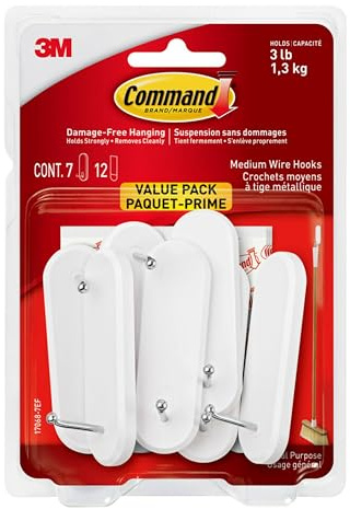Command Medium Wire Hooks Value Pack, White, 7-Hooks, 12-Strips, Organize Damage-Free
