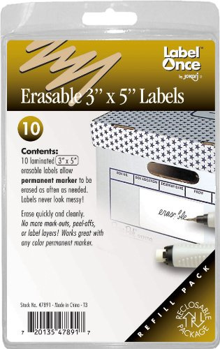 Jokari 47891 - Etiquetas borrables con 10 etiquetas grandes y gomas de borrar - Se pega al papel, metal, plástico y más - 7,6 x 12,7 cm, color blanco