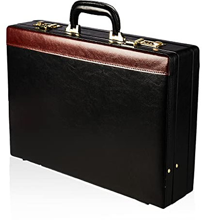 Aktenkoffer/Attachékoffer mit Dehnfalte - PU-Kunstleder Business Aktentasche Schultasche Lehrer - Dokumententasche Schwarz Mit Braunen Details