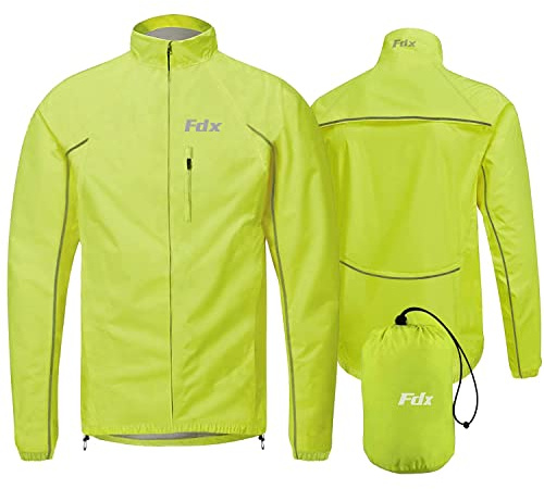 FDX Men’s Cycling Jacket - Waterproof Lightweight Breathable Cycle Rain Jersey - High Visibility Full Sleeves Reflective Tops - Windproof Coat for Running, Riding, Mountain Bike Racing(Yellow, M)