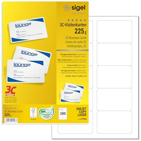 SIGEL LP798 bedruckbare Karten, 100 Stück (10 Blatt A4), hochweiß, abgerundete Ecken, Visitenkarten, Blanko Spielkarten zum Beschriften, glatter Schnitt, 225 g, 85x55 mm, nachhaltiges Papier