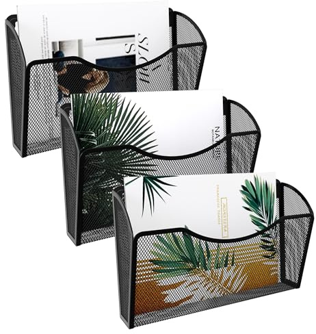 EasyPAG Wall File Organizer 3 Pack, Hanging File Organizer Wall Mount, Metal Mesh Folder Holder for Letter/A4 Papers, Mail Sorter for Office, Classroom, Home, Black