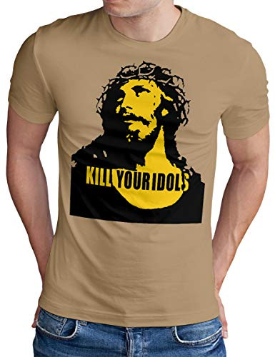 OM3® Kill Your Idols T-Shirt - Herren - 90s Jesus Hard Rock Punk Grunge Music Band - Khaki, L