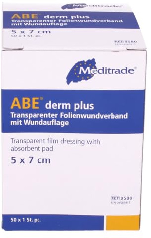 Meditrade 9580 Abe Derm Plus Transparenter Folienwundverband mit Wundauflage, Steril, 5 cm Breite x 7 cm Länge (50-er pack)