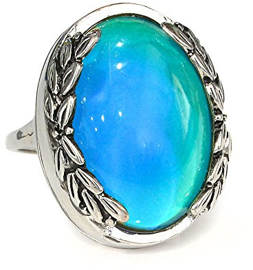 FUN JEWELS Antique Silver Color Plating Multi Color Change Oval Stone Leaf Statement Mood Ring Size 6-10 For Women