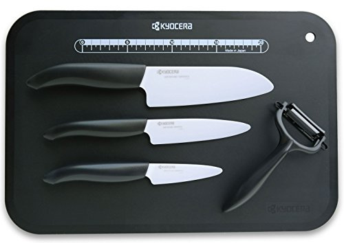 Kyocera - Juego de cuchillos y accesorios de cerámica (cuchillo santoku, pelador y multiusos, incluye pelador y tabla negra de cortar de cerámica)