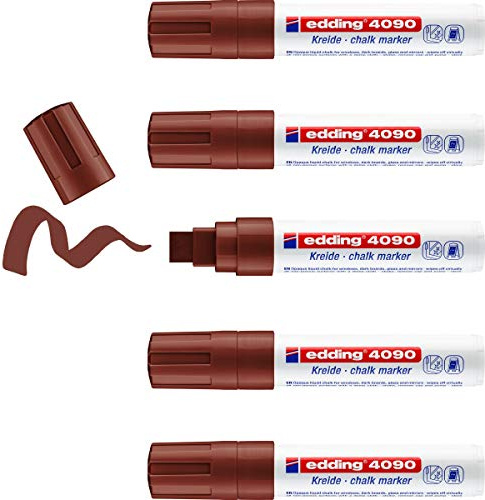 edding 4090 - Pennarello a gesso, colore marrone, 5 gessetti, punta a scalpello, 4 – 15 mm, ampia penna a gesso per lavagna, cancellabile, per scrivere finestre, vetro, specchio, penna da lavagna con