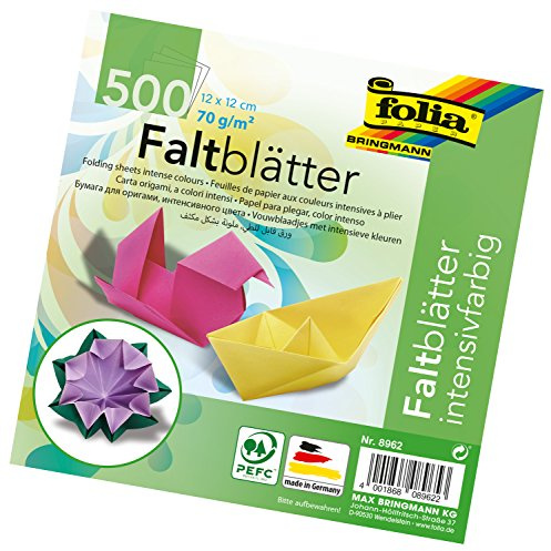 folia 8962 – Fällbara blad 12 x 12 cm, 70 g/kvm, 500 ark sorterade i 10 intensiva färger – perfekt för pappersveck och för andra kreativa hantverk