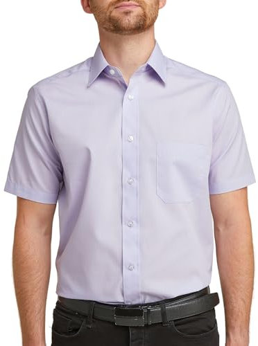 Double TWO Men's Short Sleeve Dress Shirt Easy Care Classic Fit Formal Plain Business Shirt - Lilac, 17.5in Collar