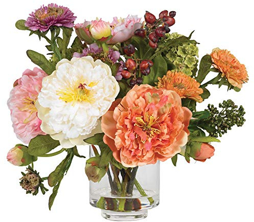Nearly Natural Mini Artificial Peony Floral Arrangement, Faux Flowers for Table Shelf Decor, Assorted Colors