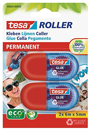 tesa 59820-00000-00 Mini Glue Roller ecoLogo, Permanent Glue for Paper and Card, Pack of 2 Rollers -6 m x 5 mm