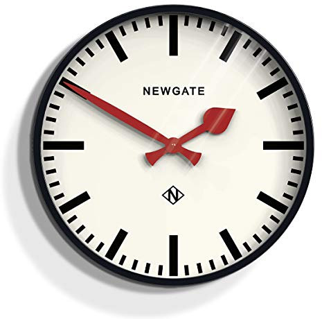 NEWGATE® Putney wall clock | Large retro inspired modern station clock | 45cm | Deep gloss black metal case with red hands | Industrial mid century style for kitchen, living room or office