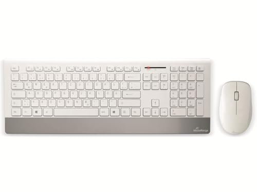 MediaRange kabelloses Funk-Tastatur und 5 Tasten Funk-Maus Set Highline Serie, deutsches QWERTZ Layout, kabelloser USB 2.0 Empfänger, spritzwassergeschützt & höhenverstellbar, Farbe weiß/Silber