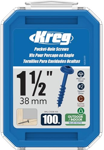 Kreg Blue-Kote Pocket-Hole Screws - SML-C150B-100 - Weather Resistant Pocket Screws - 1-1/2 Inch - Coarse Thread - Maxi-Loc Head - Outdoor - 100 Count