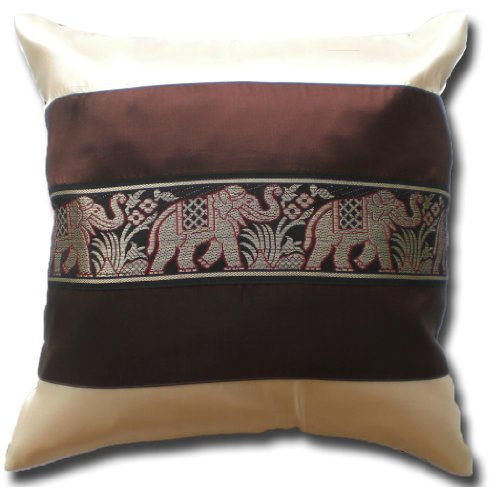 by soljo - Thai Silk *** brun *** éléphant motif housse de coussin 41cm x 41cm Thaïlande