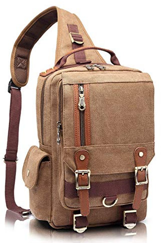KAUKKO Canvas Herren Brusttasche Casual Schultertaschen Handtasche Satchel Schultasche Daypack, khaki, Einheitsgröße