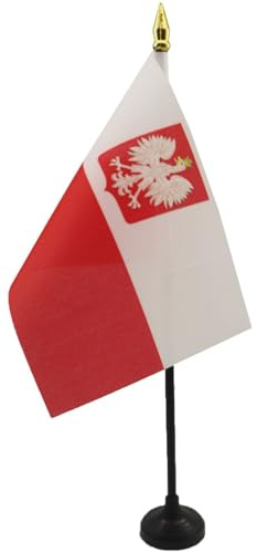 AZ FLAG - Poland with eagle Table Flag 4'' x 6'' - Polish coat of arms Mini Desk Flag 100% Polyester 15 x 10 cm - Office Banner with 10'' Pole - Golden Spear