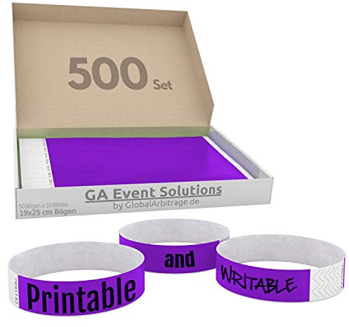 Bracelets d’admission GA Event Solutions en Tyvek, 500 pièces, violet