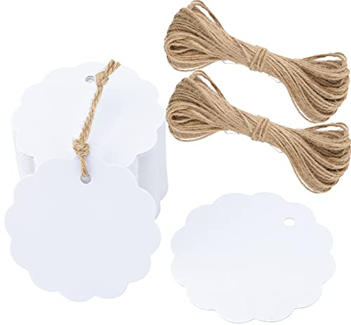 G2PLUS 100 PCS Etichette Regalo,Etichette in Carta Kraft,6x6CM Tag Regalo Etichetta Rotonda con Spago per Matrimoni,Compleanni e Natale (Bianco)