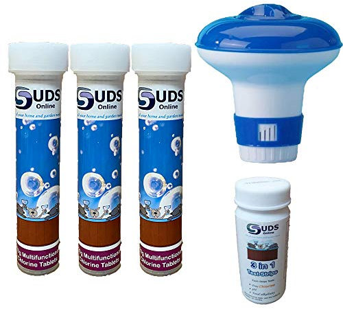 SUDS-ONLINE Small Dispenser with 30 Multifunctional Chlorine Tablets 20g + Test Strips