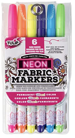 Tulip Permanent Nontoxic Fabric Markers Neon 6 Pack - Large Bullet Tip, Child Safe, Minimal Bleed & Fast Drying - Premium Quality for T-shirts, Clothes, Shoes, Bags & Other Fabric Materials