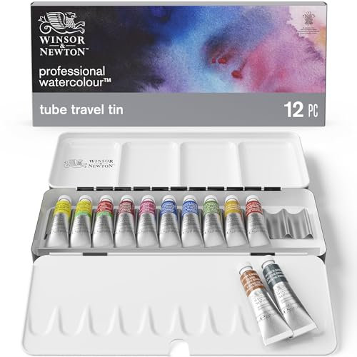 Winsor & Newton 0190552 Professional Aquarellfarbe, lebendige Wasserfarben in Künstlerqualität, hohe Farbbrillanz & Leuchtkraft, lichtecht, Archivqualität -Metall-Aquarellkasten 12 Farben in 5ml Tuben