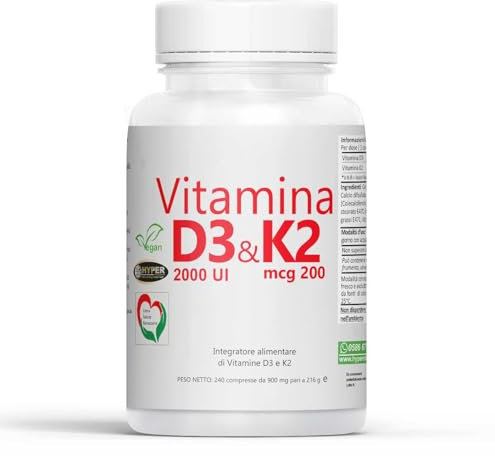Hyper Vitamina D3 K2 Massimo Dosaggio Consentito - Benessere di Denti, Articolazioni, Ossa e Sistema Immunitario - Integratore Vitamina D e Vitamina K2-120 Compresse Prodotto in Italia