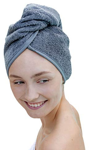 Carenesse Haarturban Baumwolle grau I Turban Handtuch mit Knopf & Schlaufe saugstark I Stabiles Haarhandtuch zur natürlich schonenden Haartrocknung OHNE Mikroplastik