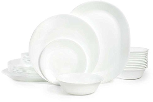 Corelle Vitrelle 38-Piece Service for 12 Dinnerware Set, Triple Layer Glass and Chip Resistant, Lightweight Round Plates and Bowls Set, Winter Frost White