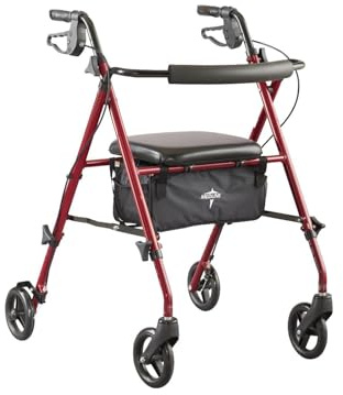 Medline Superlight Folding Aluminum Mobility Rollator Walker, Red, 250 lb. Weight Capacity, 6 Wheels, Adjustable Arms and Seat, Foldable Rolling Walker for Seniors