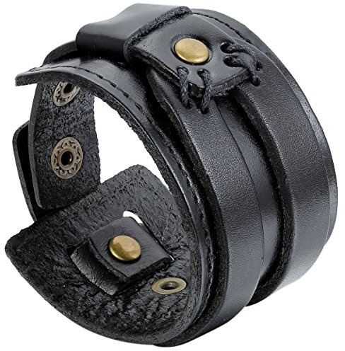 JewelryWe Smycken herr brett läderarmband, punk tryckknapp flätat läder armband omlottarmband armring manschett, justerbar storlek, svart/brun, 23 7 cm, Läder, Utan sten