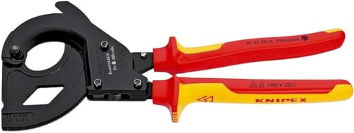 KNIPEX Cesoia a cremagliera (sistema a cricchetto) per cavo a nastro d'acciaio (cavo SWA) in blister verniciata nera isolati con manici, 95 36 315 A