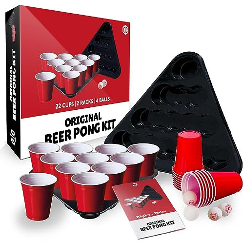 Offizielles Beer Pong Set® | Gesamtpaket Beer Pong Officiel | Premium Qualität | 22 Red Cups | 2 Racks | 4 Bälle | Offizielle Regeln | Trinkspiel | Partyspiel | 100% Spaß