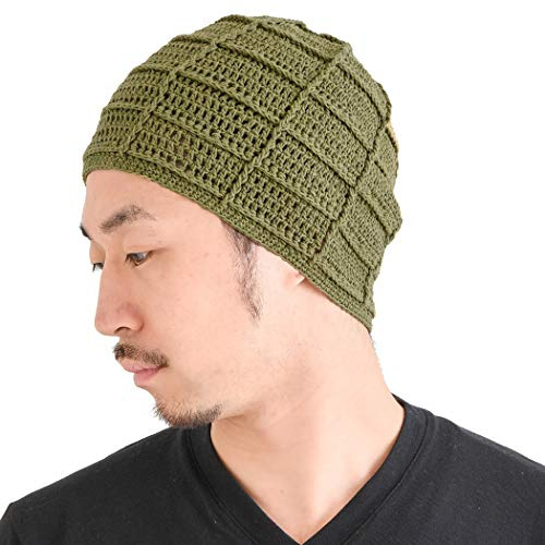 CHARM Bonnet Homme Chapeau Femme Ete - Beanie Type Beret Chimio 100% Coton Crochet pour Peau Sensible Tricot Fait Main Unisexe Kaki