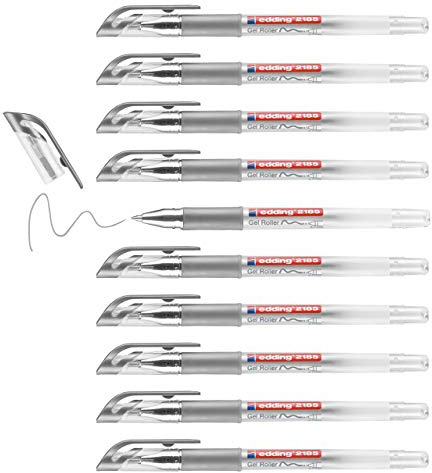 edding 2185 Gelroller - silber - 10 Stifte - 0,7 mm - Gelstifte zum Schreiben, Malen, Mandala, Bulletjournal - Gelschreiber, Gelmalstifte silber