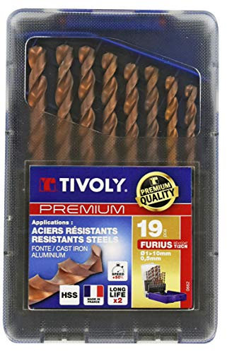 Tivoly - Coffret de 19 Forets HSS Furius - Forets Métaux Haute Performance pour Perçage des Aciers Résistants - Pour Perçage à Sec, Perceuses sans Fil, Centres d'Usinage - Made in France