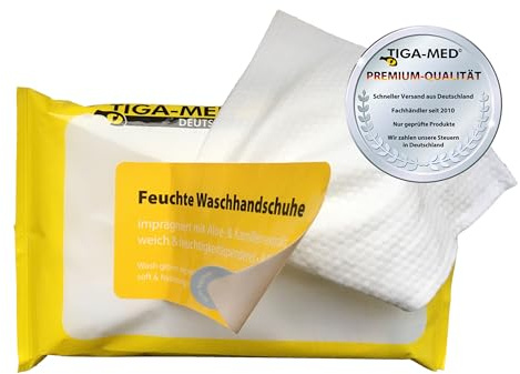 TIGA-MED Guantes de lavado húmedos – 5 × 8 unidades (40) – pre-impregnados con aloe vera y extracto de manzanilla – Guante de lavado desechable para el cuidado del cuerpo sin agua, cuidado y viajes