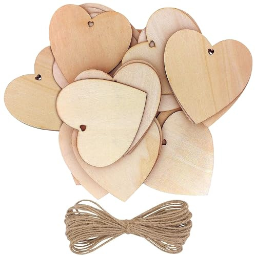 Kurtzy 50 Pack Wooden Hearts with Natural Twine - Hanging & Personalised Decoration
